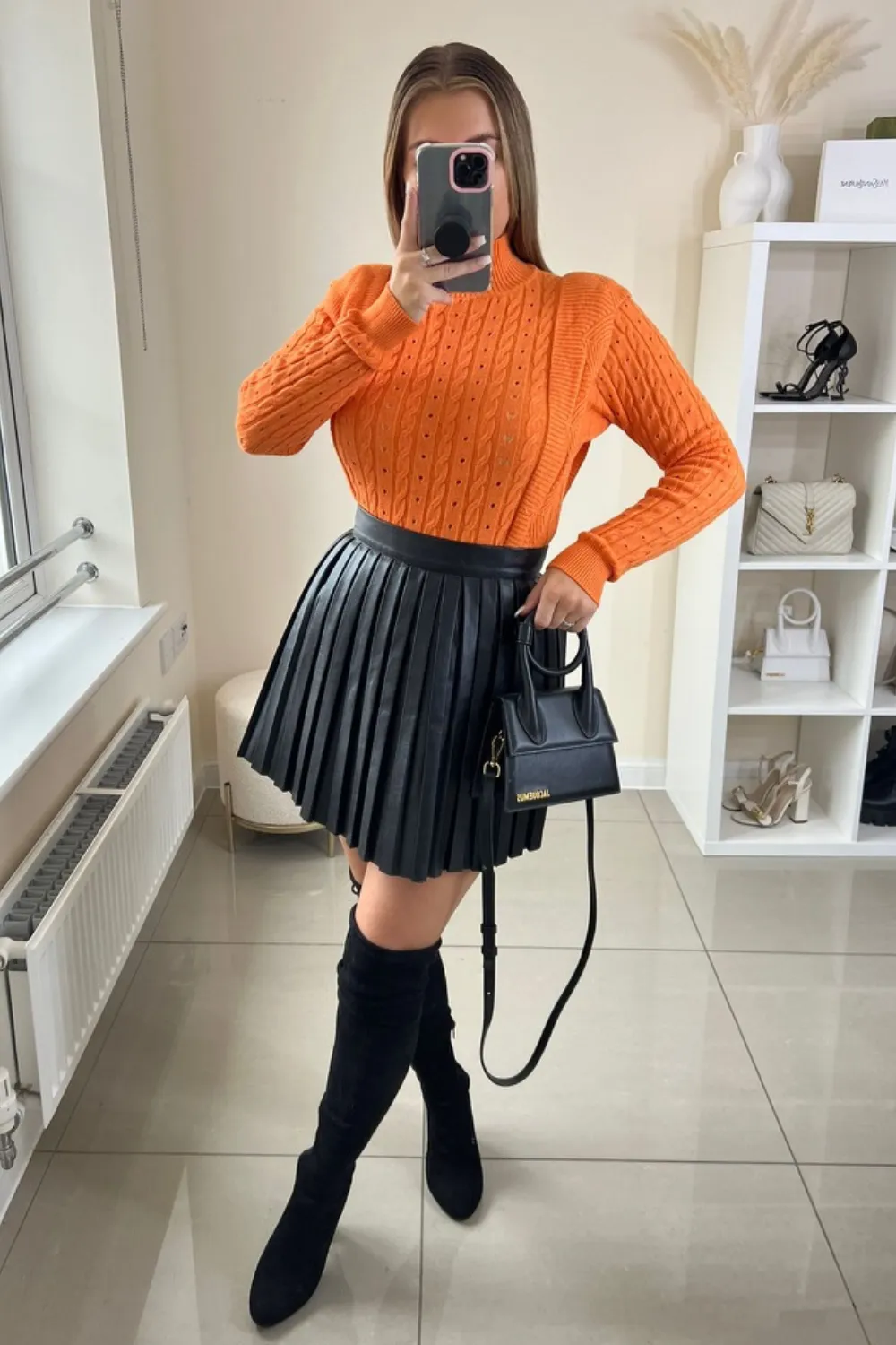 Fiona orange frill front knitted sweater