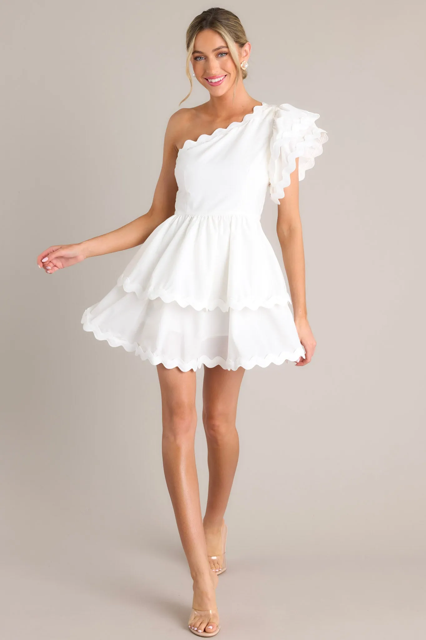 Flirty Flutter White Scallop Tiered One Shoulder Romper