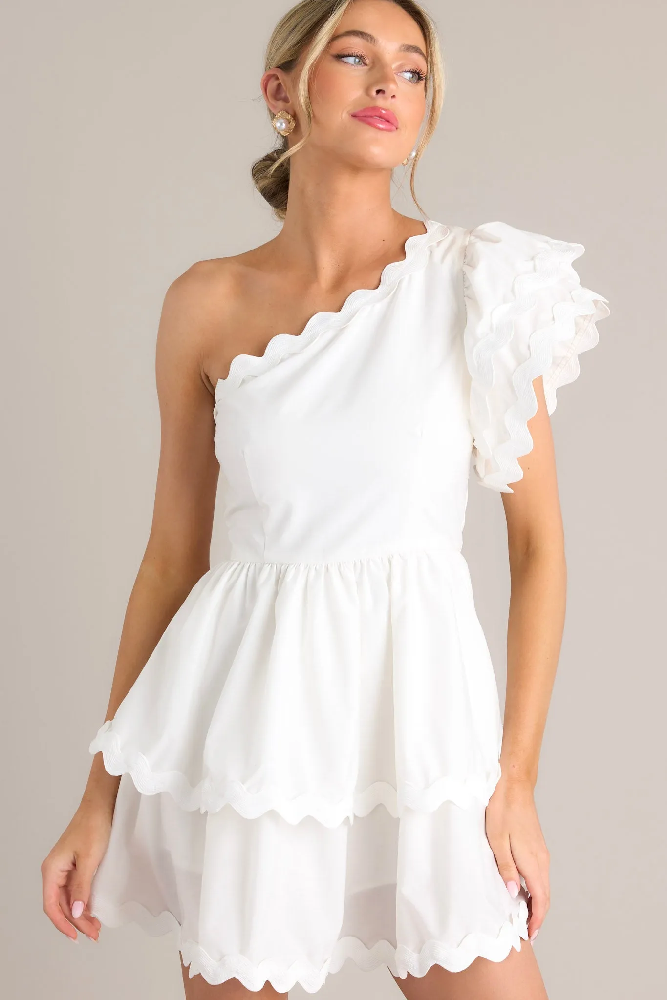 Flirty Flutter White Scallop Tiered One Shoulder Romper