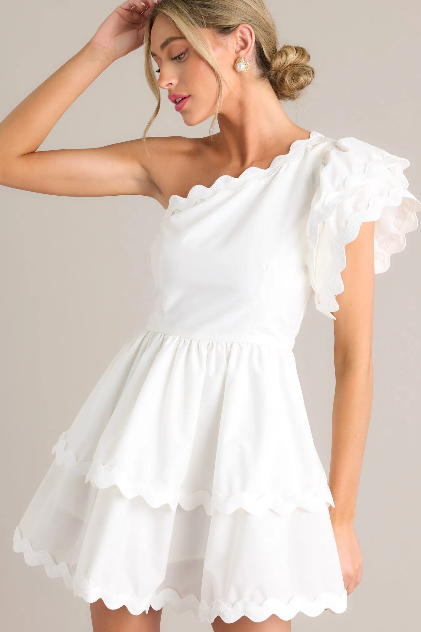 Flirty Flutter White Scallop Tiered One Shoulder Romper