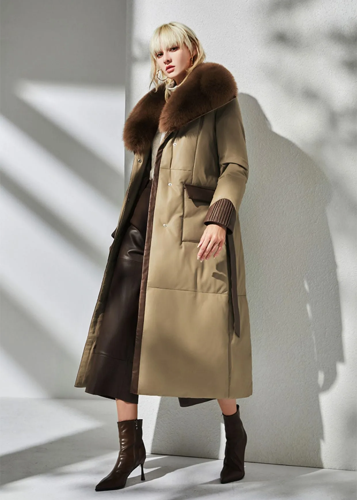 Fox Fur Collar Genuine Leather Down Fill Coat