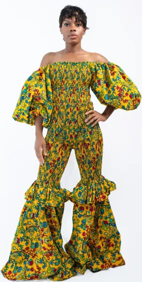 Freda Floral Smocked Bell Bottom Ankara Jumpsuit