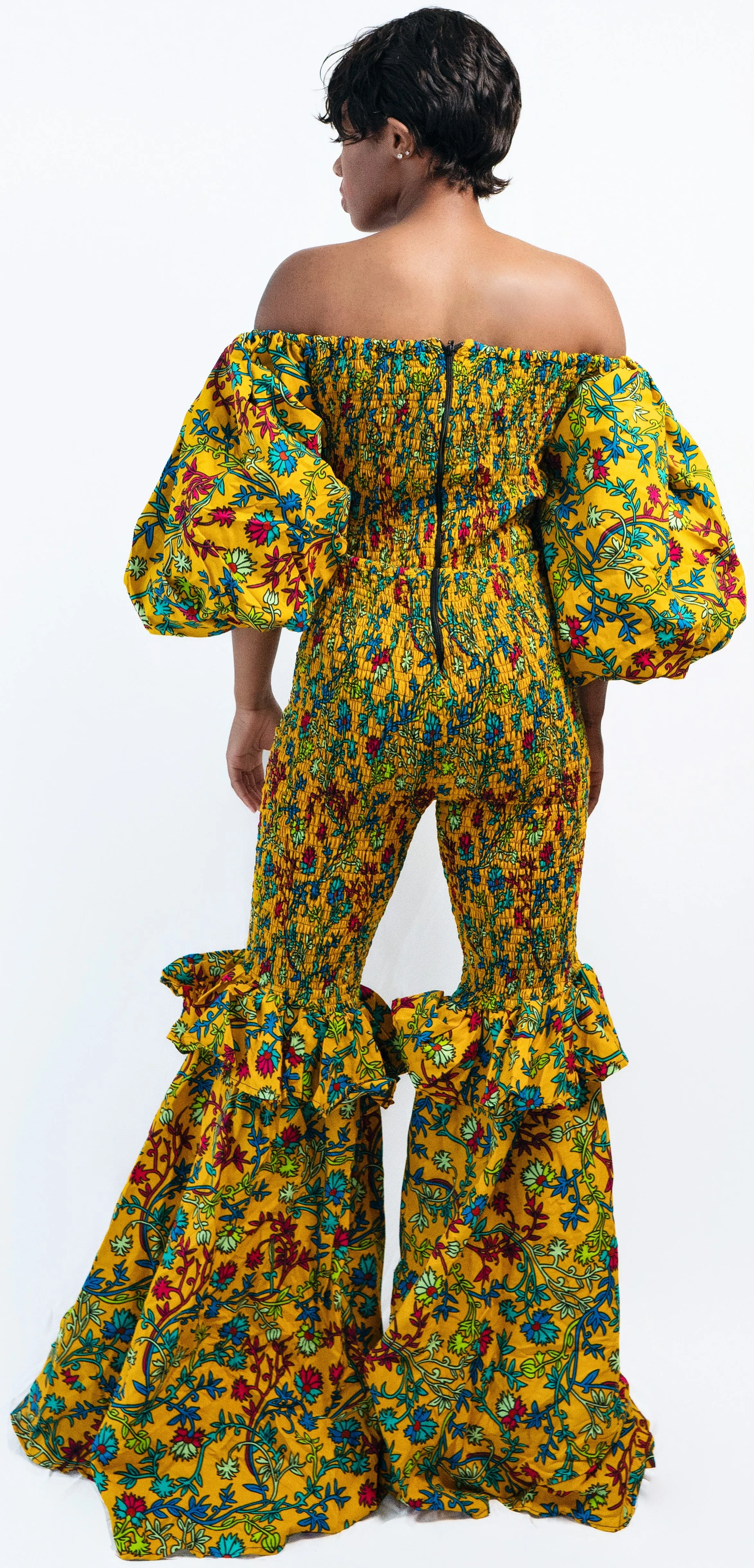 Freda Floral Smocked Bell Bottom Ankara Jumpsuit