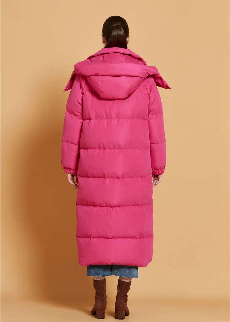 Fuchsia Hooded Goose Down Puffer Long Coat