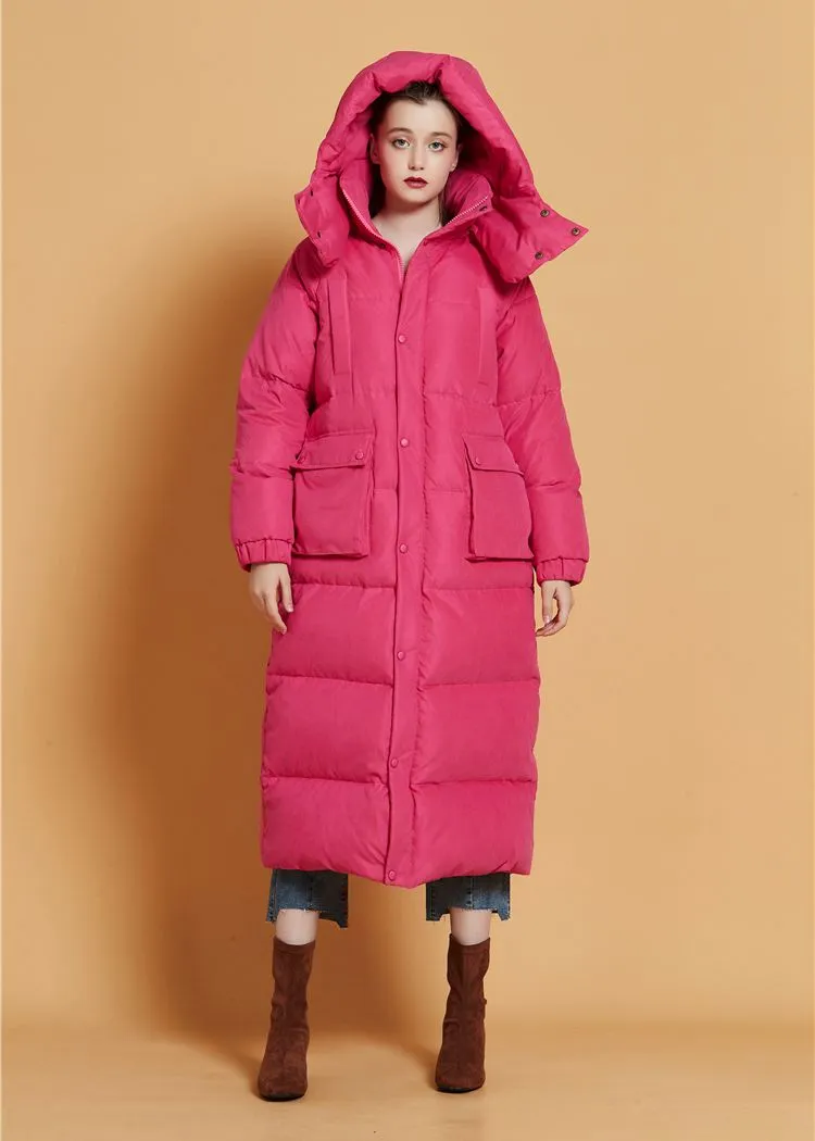 Fuchsia Hooded Goose Down Puffer Long Coat