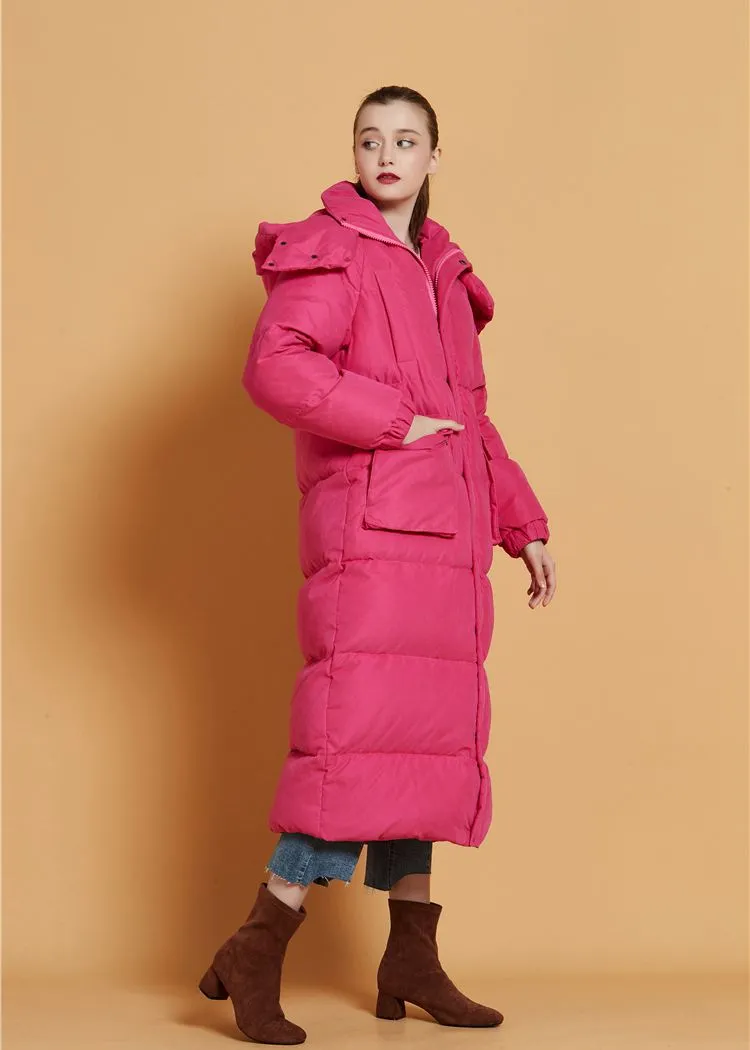 Fuchsia Hooded Goose Down Puffer Long Coat