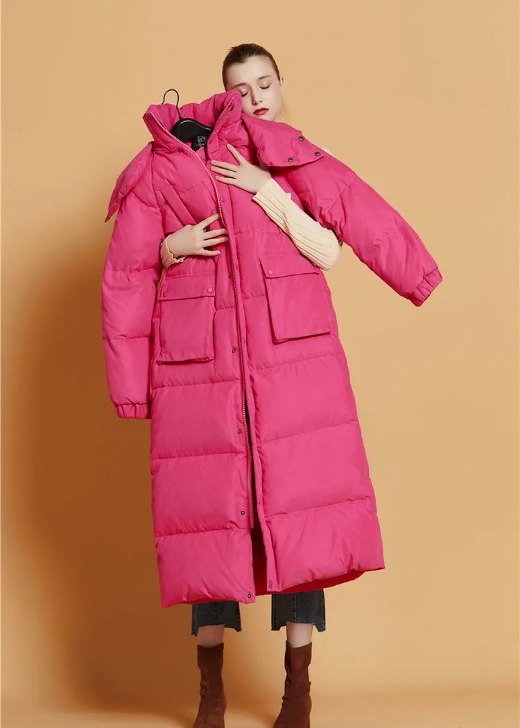 Fuchsia Hooded Goose Down Puffer Long Coat