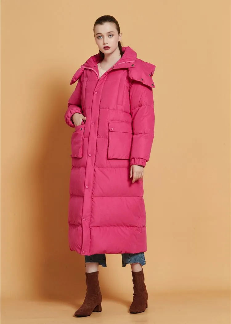 Fuchsia Hooded Goose Down Puffer Long Coat