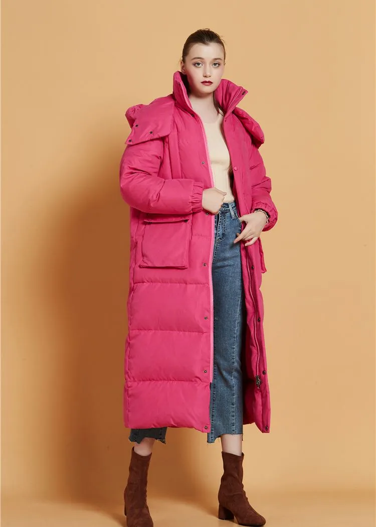 Fuchsia Hooded Goose Down Puffer Long Coat