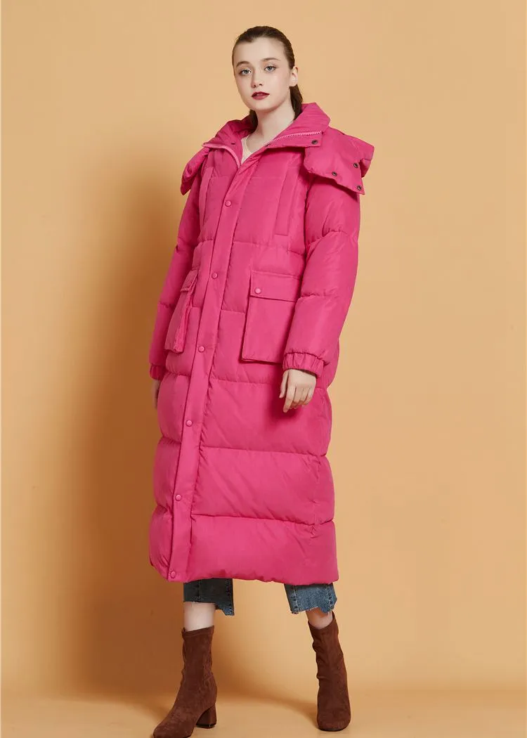 Fuchsia Hooded Goose Down Puffer Long Coat