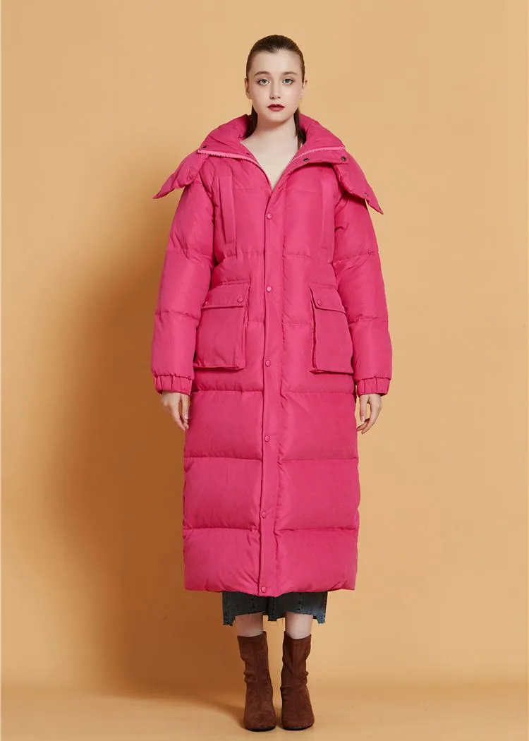 Fuchsia Hooded Goose Down Puffer Long Coat