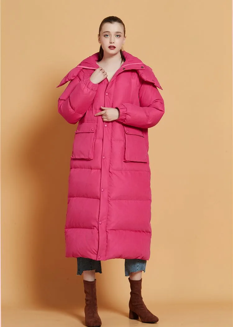 Fuchsia Hooded Goose Down Puffer Long Coat