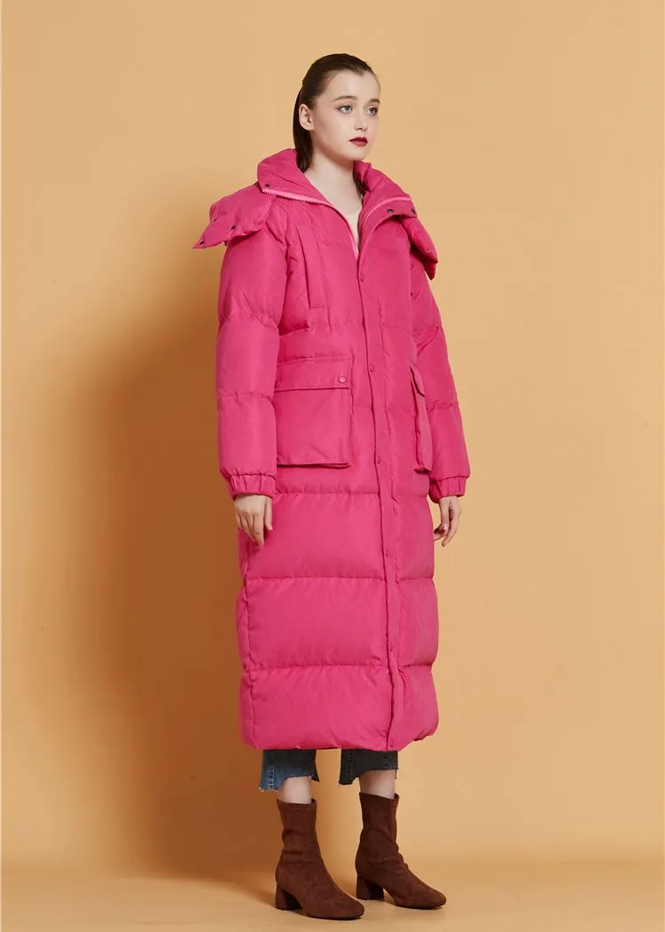 Fuchsia Hooded Goose Down Puffer Long Coat