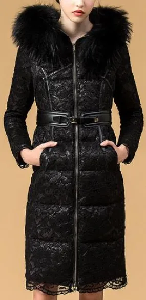 Fur-Hooded Lace Puffer Down Coat in Black or Grey