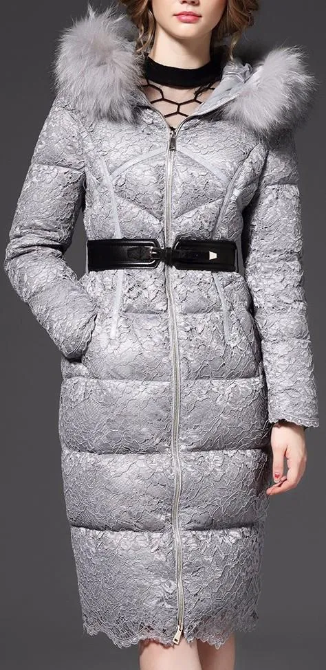 Fur-Hooded Lace Puffer Down Coat in Black or Grey