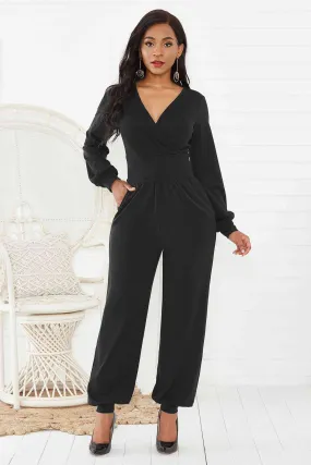 Gathered Detail Surplice Lantern Sleeve Jumpsuit