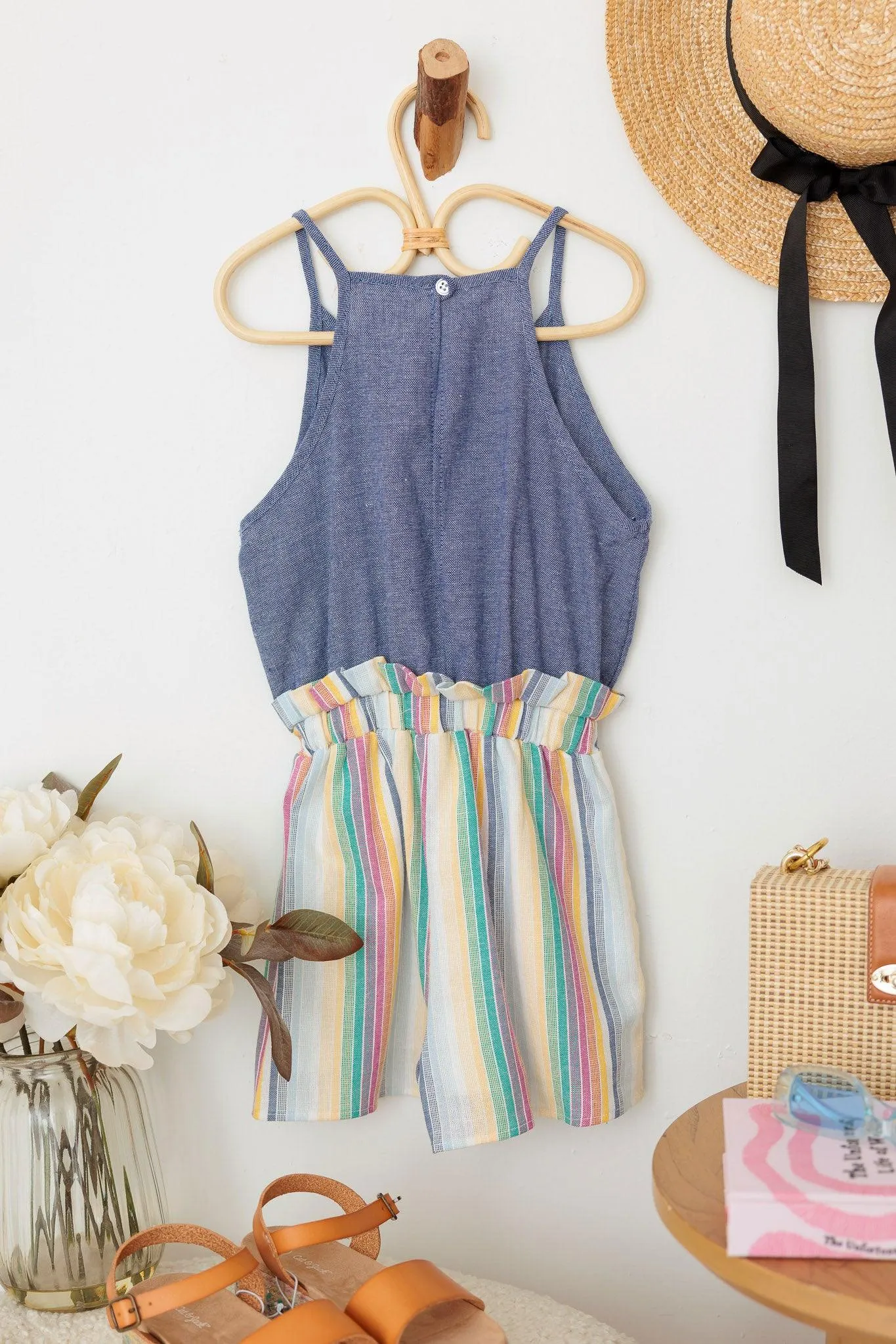 Girls Blue Multi Color Wrap Front Tie Sleeveless Romper