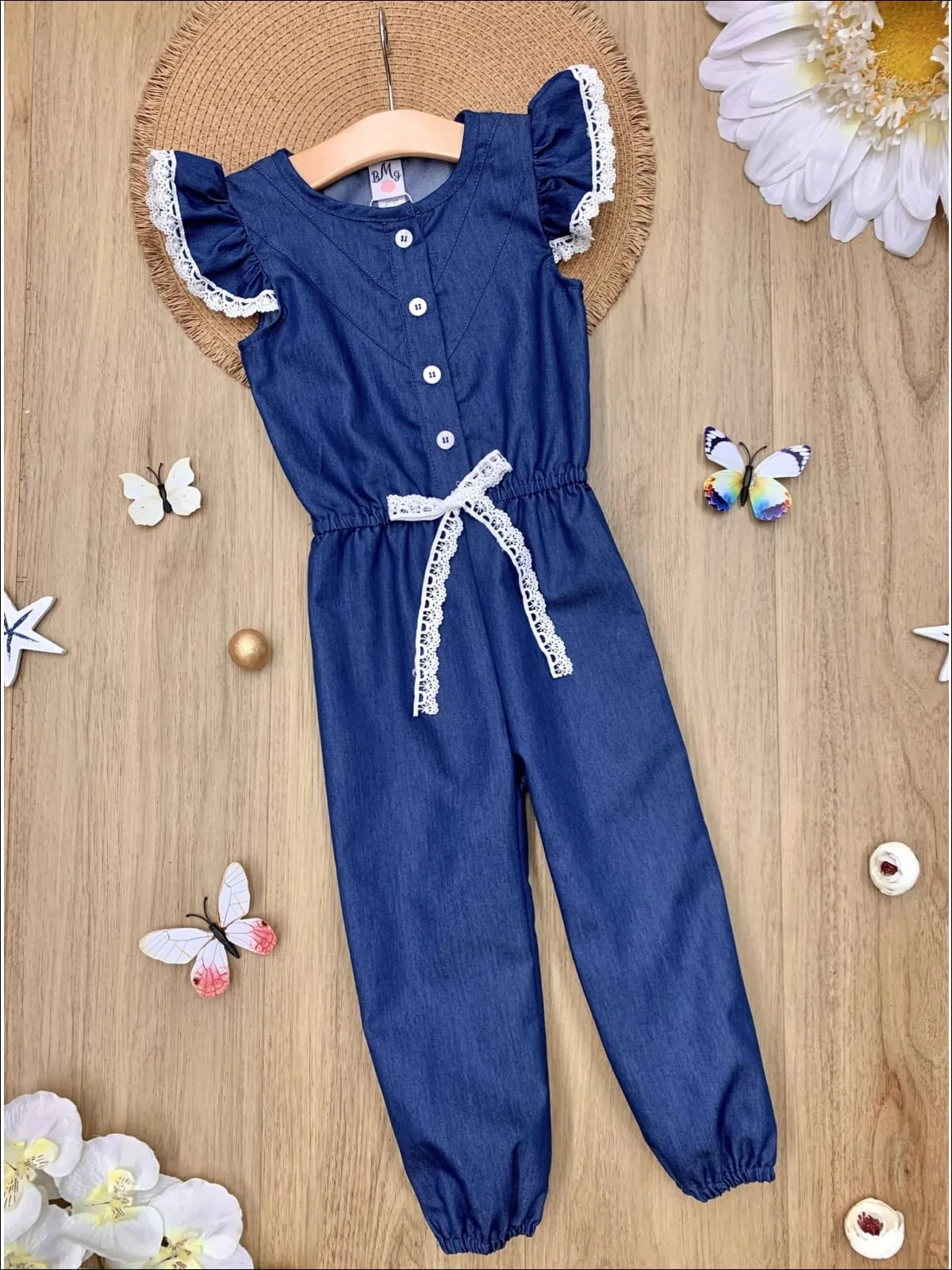 Girls Denim Lace Flutter Sleeve Button Jumpsuit