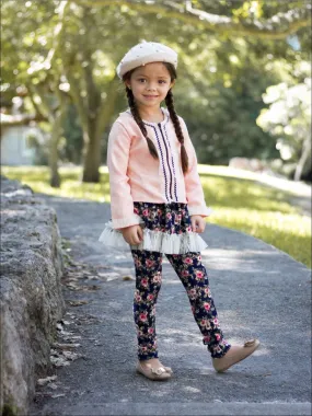 Girls Peach Floral Jacket And Black Skirt Leggings