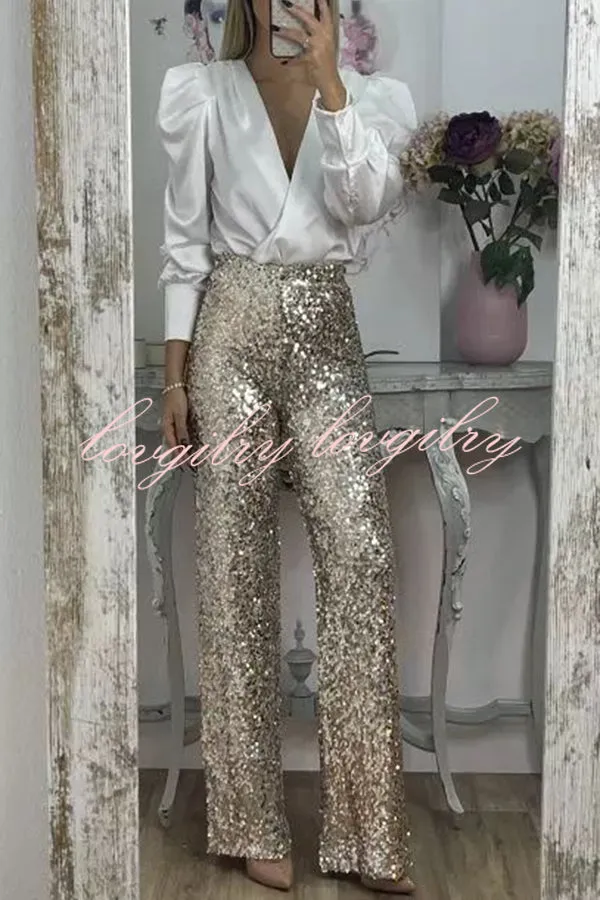 Glitzy Glamour Sequin High Rise Elastic Waist Wide Leg Pants