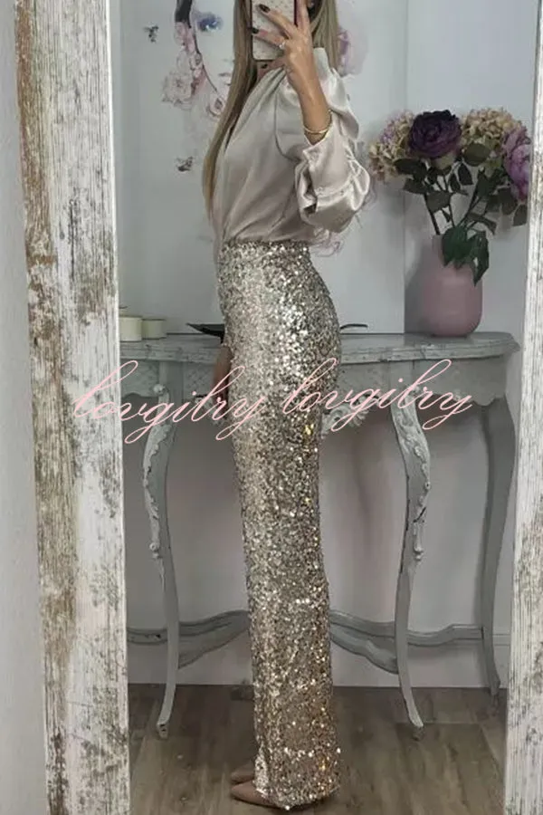 Glitzy Glamour Sequin High Rise Elastic Waist Wide Leg Pants