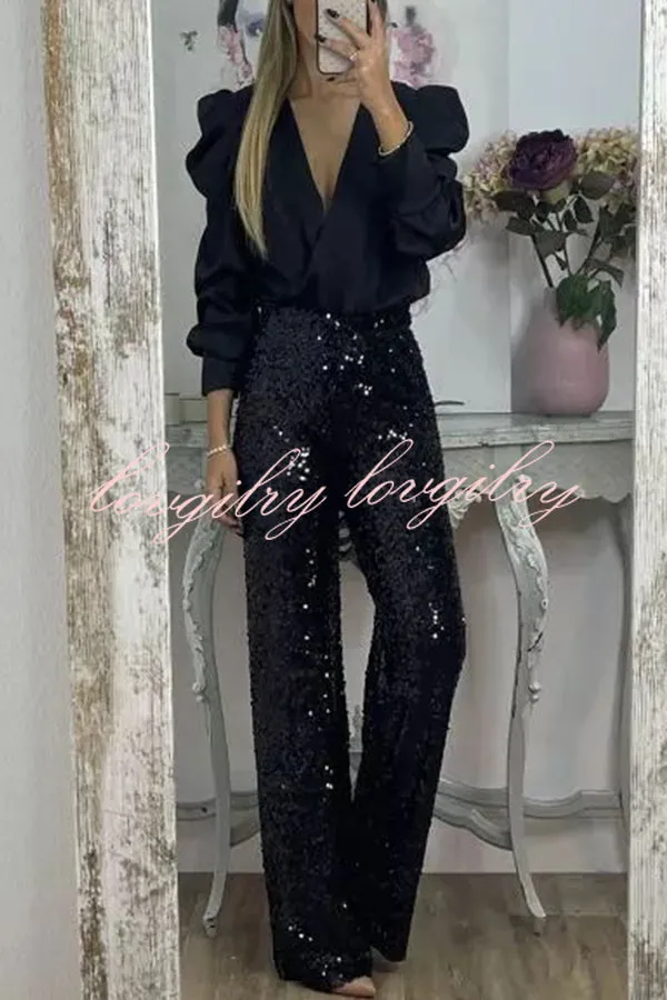 Glitzy Glamour Sequin High Rise Elastic Waist Wide Leg Pants