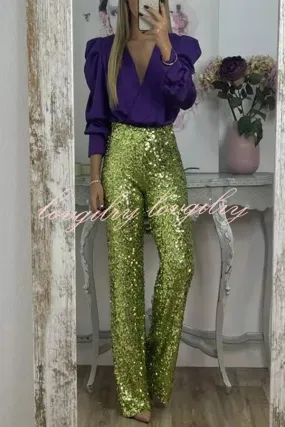 Glitzy Glamour Sequin High Rise Elastic Waist Wide Leg Pants