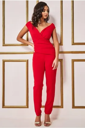 Goddiva Bardot Scuba Jumpsuit - Red