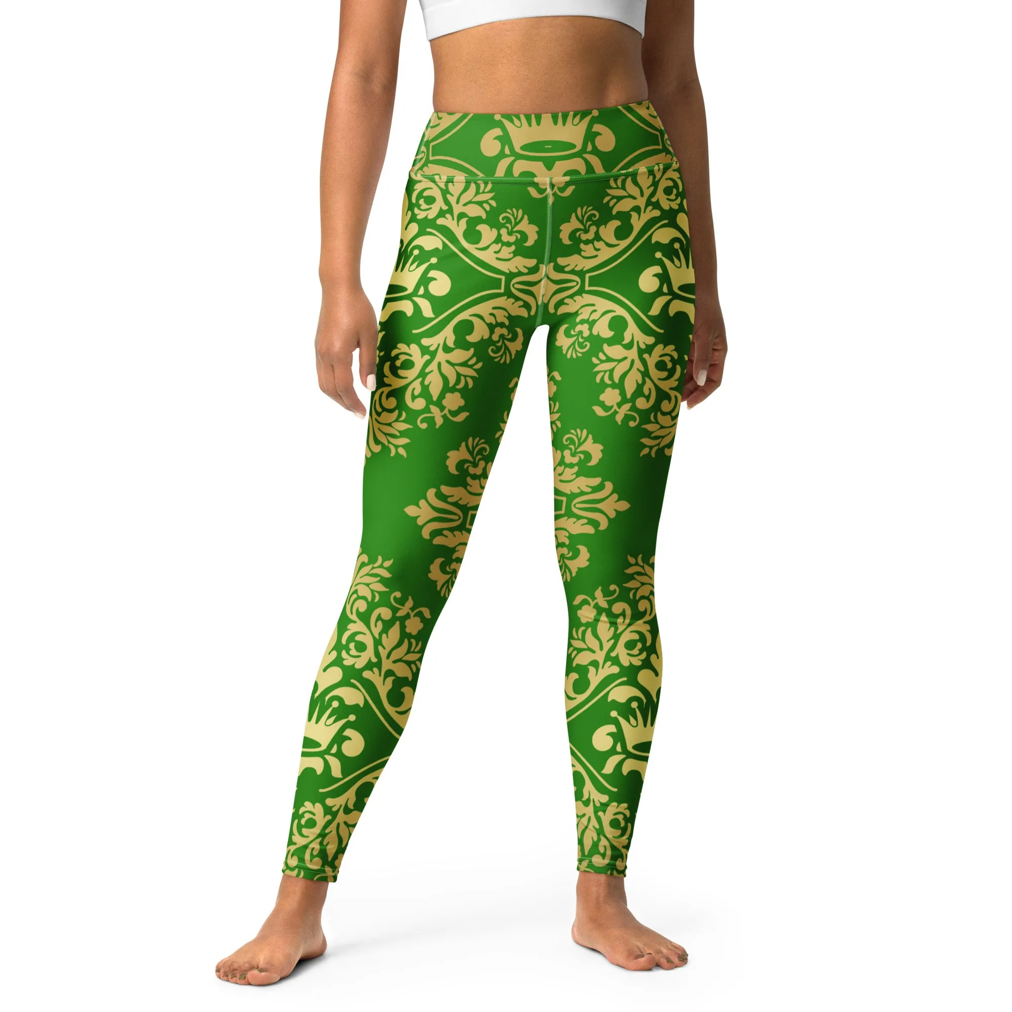 Gold and Green Crown Design Yoga Leggings, lioness-love