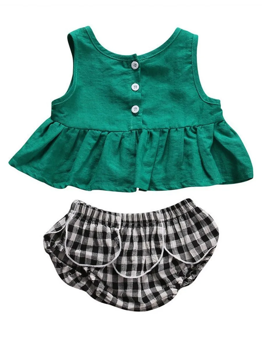 Green Sleeveless Top  Checked PP Pants 2-Piece Set Infant Baby Little Girl