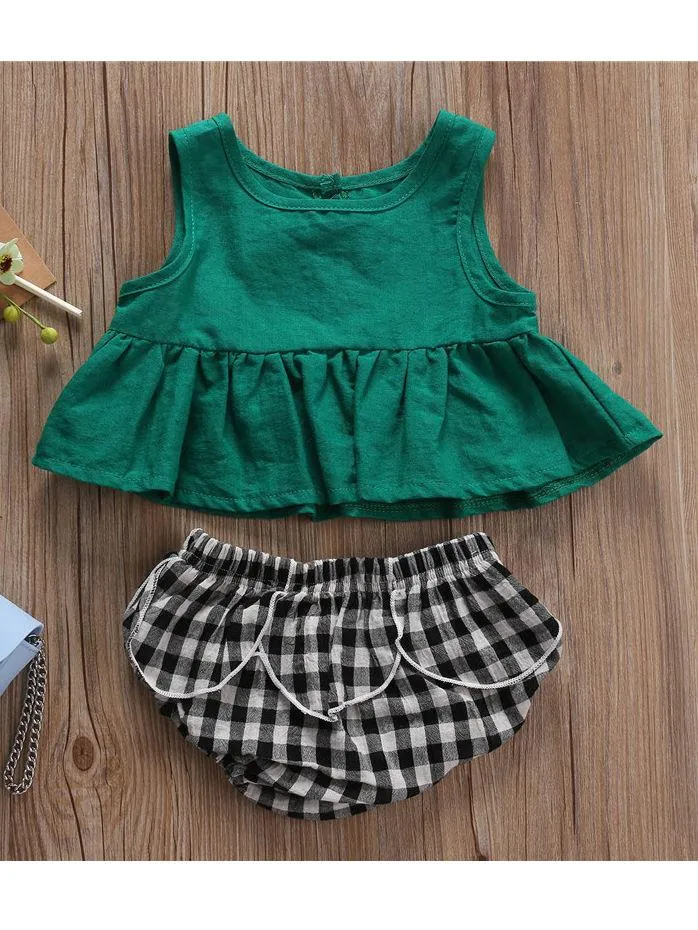 Green Sleeveless Top  Checked PP Pants 2-Piece Set Infant Baby Little Girl