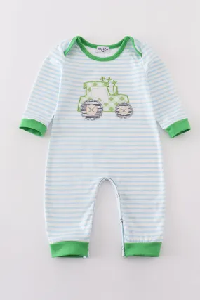 Green tractor lucky clover applique boy romper