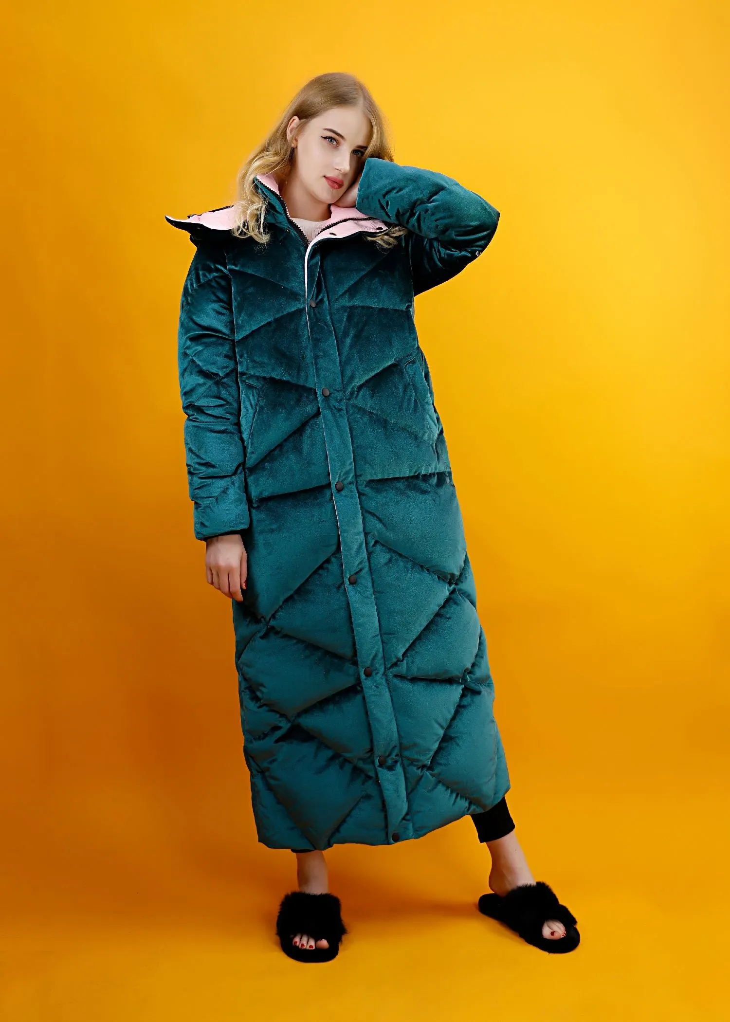 Green Velvet Hooded Goose Down Puffer Maxi Coat