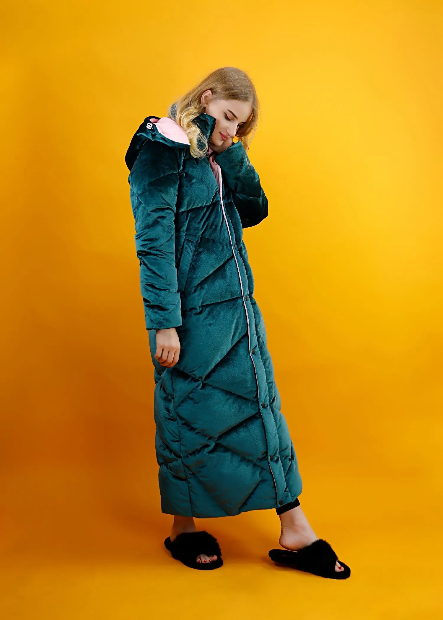 Green Velvet Hooded Goose Down Puffer Maxi Coat