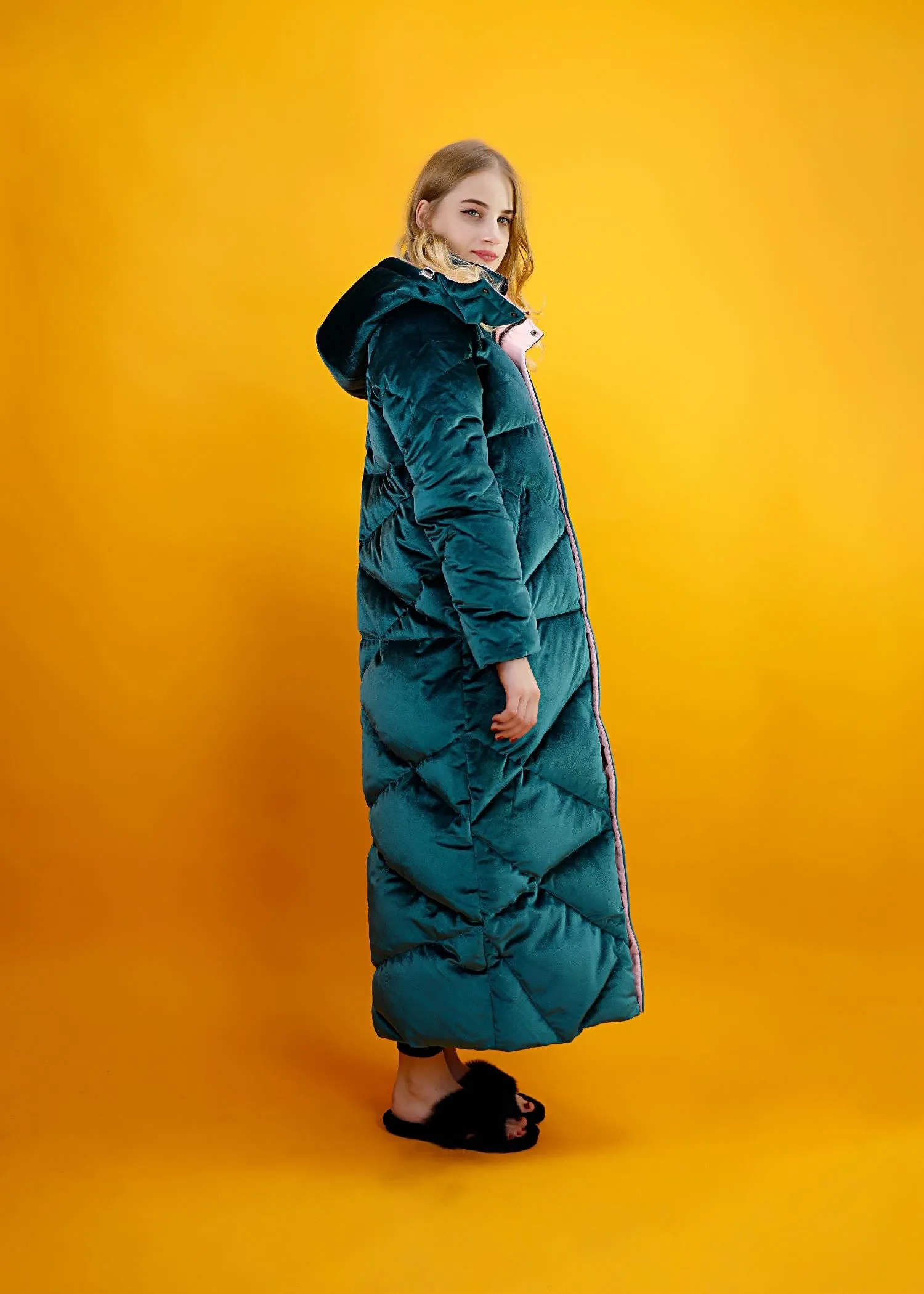 Green Velvet Hooded Goose Down Puffer Maxi Coat