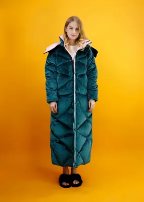 Green Velvet Hooded Goose Down Puffer Maxi Coat