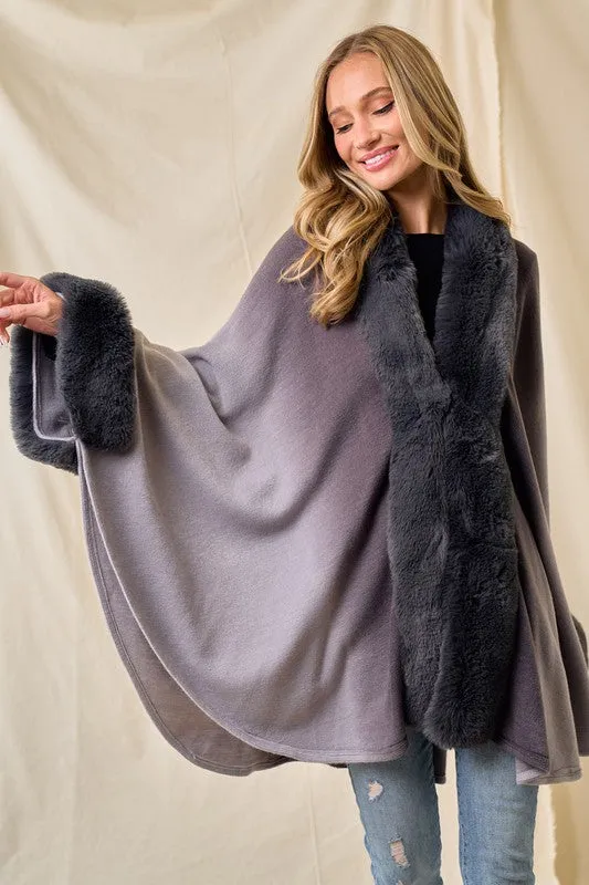 Grey Faux Fur Trim Ombre Cape