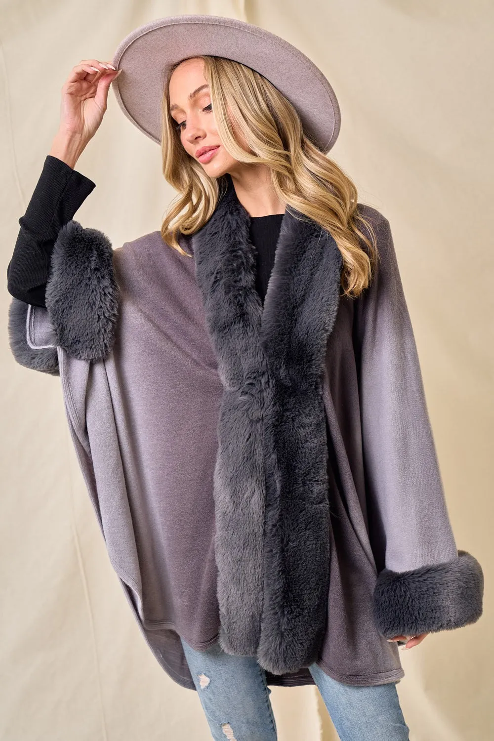 Grey Faux Fur Trim Ombre Cape