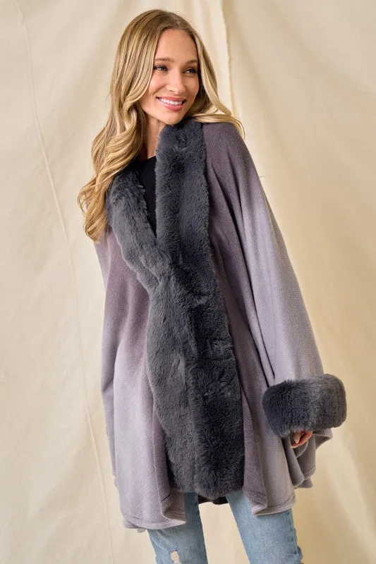 Grey Faux Fur Trim Ombre Cape