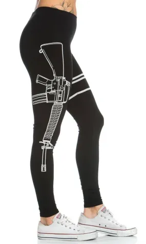 Guns Out Machine Gun Black Leggings - Plus Sizes Available