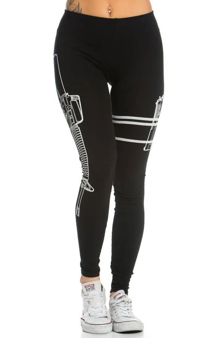 Guns Out Machine Gun Black Leggings - Plus Sizes Available