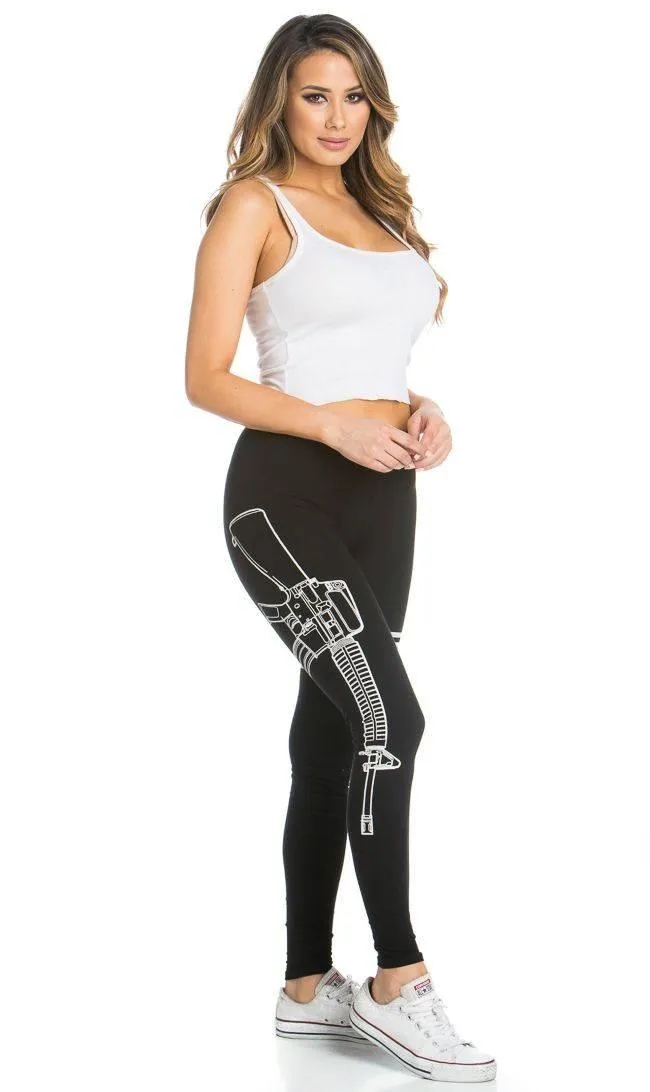 Guns Out Machine Gun Black Leggings - Plus Sizes Available