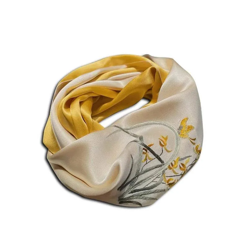 Hand Embroidered Suzhou 16 Momme Silk Scarf Luxury 155x35cm