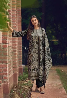 Handloom Weaving Black Pashmina Unstitched Winter Suit