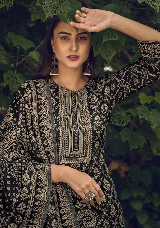 Handloom Weaving Black Pashmina Unstitched Winter Suit