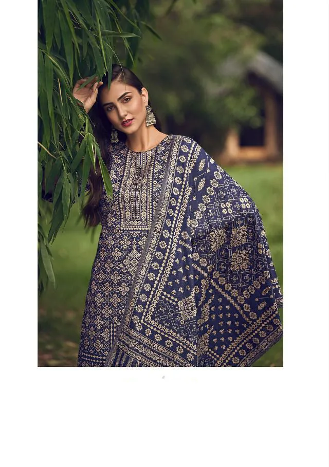 Handloom Weaving Blue Pashmina Unstiched Winter Suit