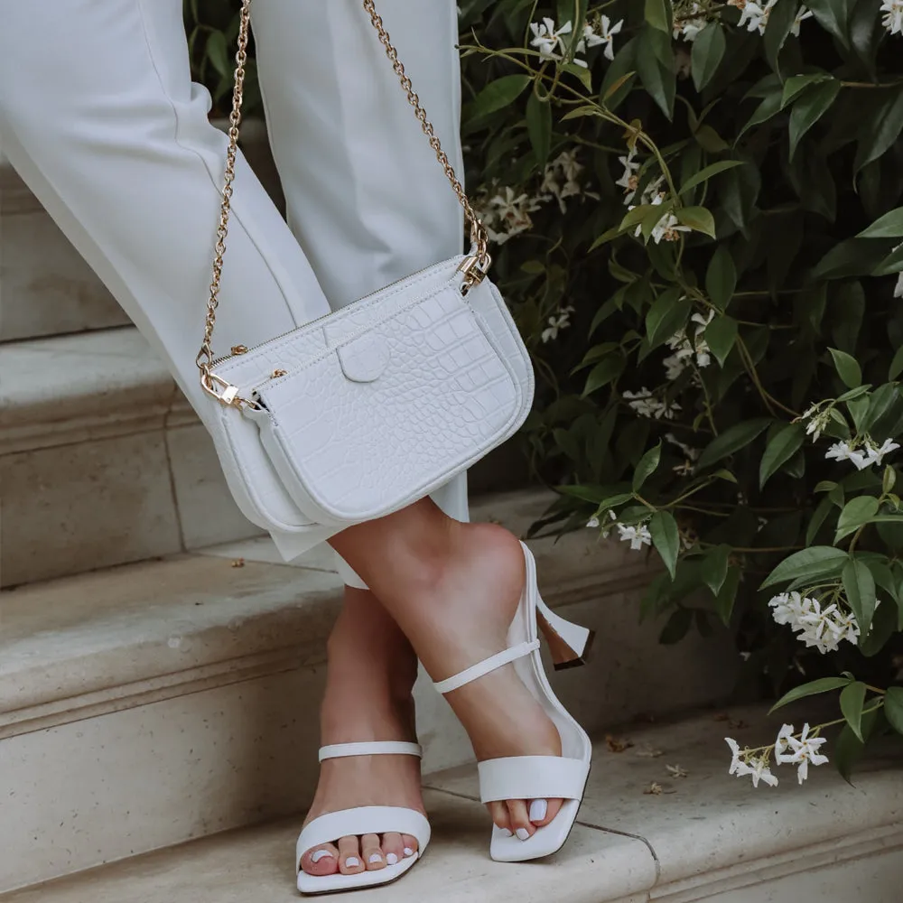 Haven Double Strap Square Toe Sculptured Heel Mule in White Synthetic Leather