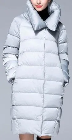 High-Collar Puffer Coat in Light Grey or Deep Blue