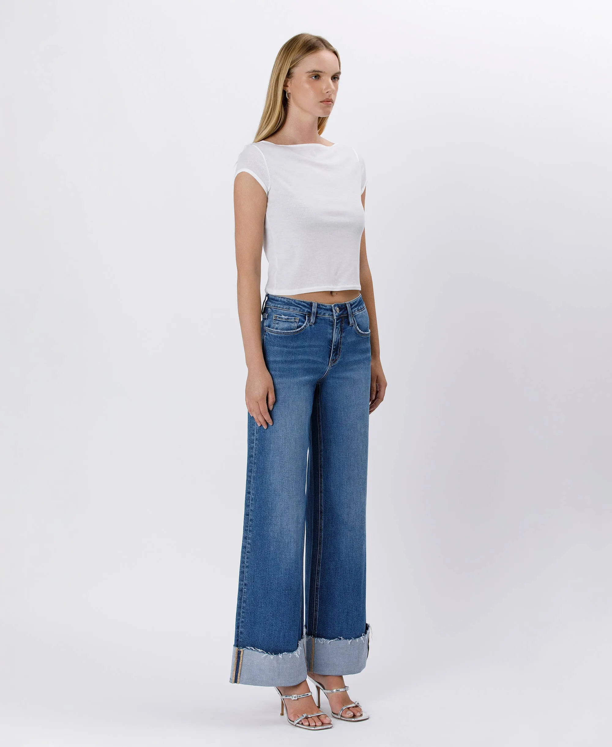 High Rise Cuffed Wide Leg Jeans