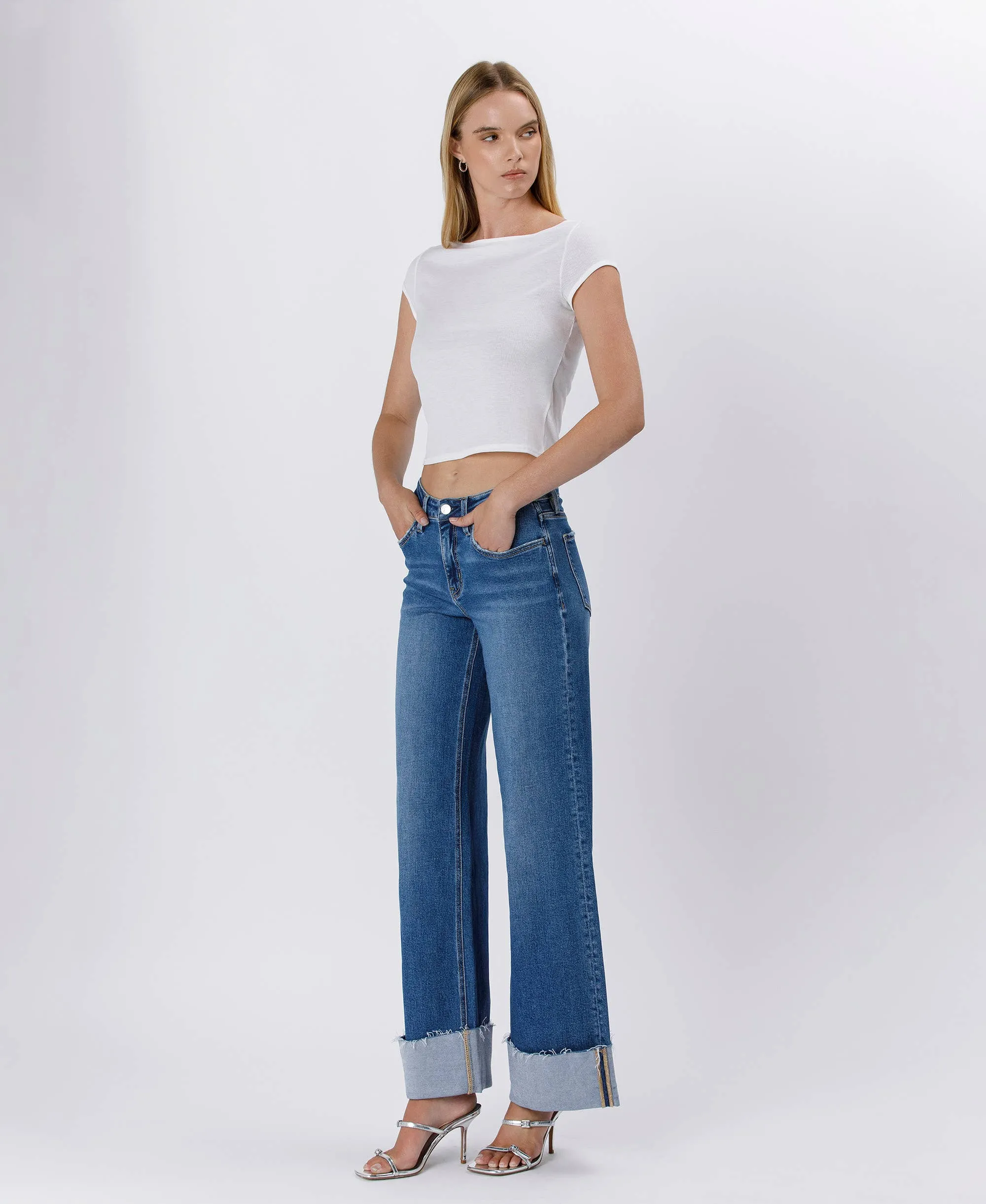 High Rise Cuffed Wide Leg Jeans